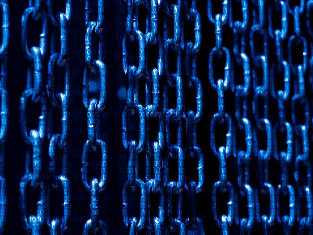Blockchain technology concept. Abstract blue block chain, big data network background with real chain and digital binary code number.