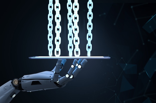 Blockchain Technology concept with 3d rendering robot arm with chain on tablet computer