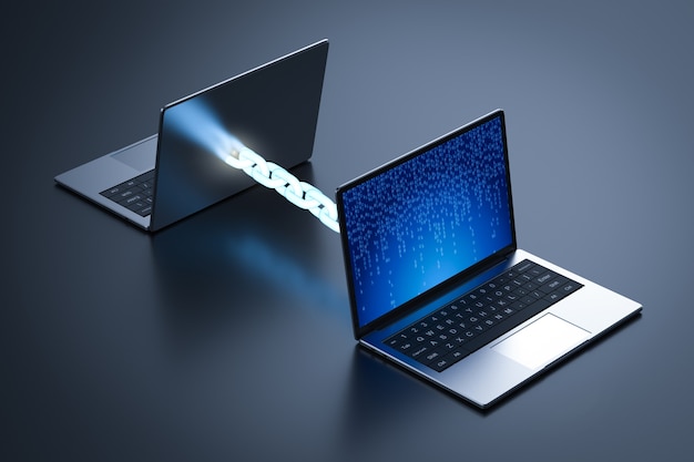 Blockchain-teknologikoncept med 3D-gengivelse af blå kæde forbinder computere