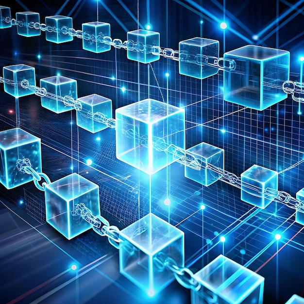 blocks connected in a chainlike grid with data representing digital connectivity and structure
