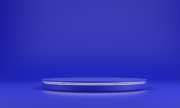 Blue Abstract geometry shape background. blue podium and white Glow bar mockup scene for cosmetic or another product, 3D rendering
