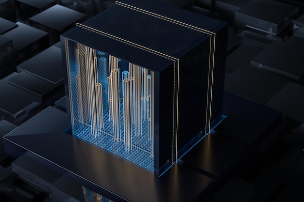 blue and golden cube with glass material 3d rendering