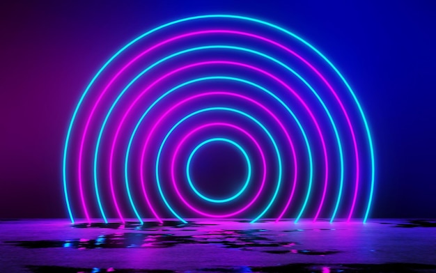 Blue and Purple Neon Tube Lights in The empty dark room 3D Rendering Illustration background