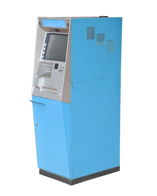 Blue color realistic ATM machine isolated on white