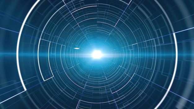 blue digital tunnel with concentric lines and central light source creating a sense of depth