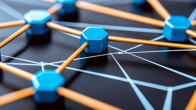 Blue Hexagons Connected by Wooden Sticks and White Lines on a Bl