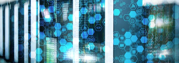Blue Honeycomb Icons on Technology Management Center Wifi Gears and Security concept For your business
