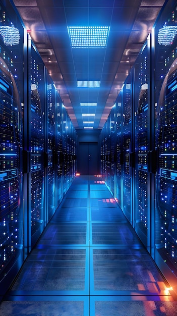 Blue lights illuminate a futuristic server room with many computer racks