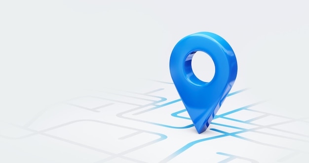 blue location 3d icon marker or route gps position navigator sign and travel navigation pin road map pointer symbol isolated on white street address background with point direction discovery tracking.