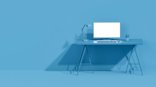 Blue monochrome minimal office table desk Concept for study desk and workspace with screen desktop