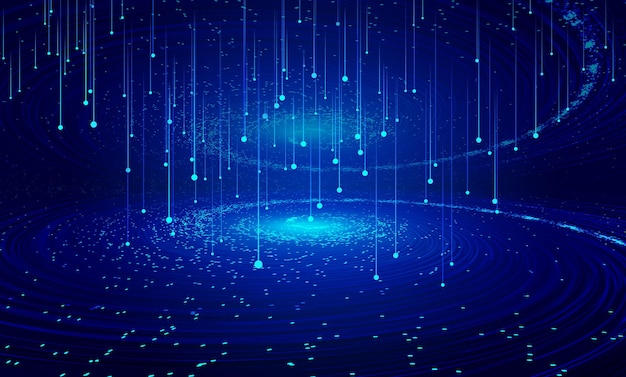 Blue particle line spiral vortex and ray Internet technology background