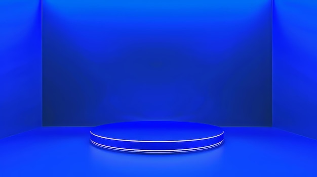 blue podium platform on neon blue surface with vibrant background