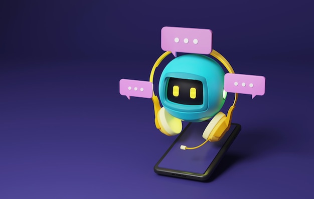 blue robot with bright yellow headphones on purple background and smart phone on purple background