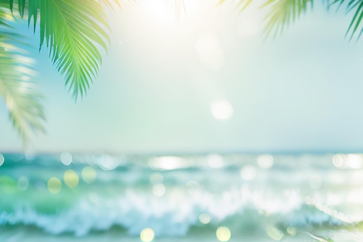 Bild blur beautiful nature green palm leaf on tropical beach with bokeh sun light wave abstract background copy space of summer vacation and business travel concept vintage tone filter effect color style