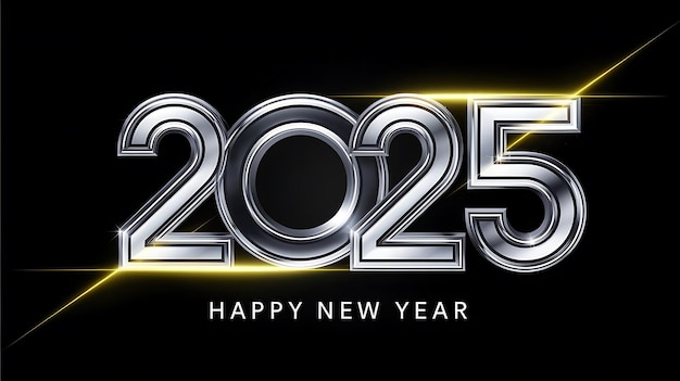 Bold Futuristic New Year 2025 Design with Metallic Silver Neon Glow Typography and Vibrant Lighting