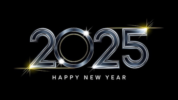 Bold Futuristic New Year 2025 Design with Metallic Silver Neon Glow Typography and Vibrant Lighting