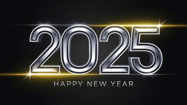 Bold Futuristic New Year 2025 Design with Metallic Silver Neon Glow Typography and Vibrant Lighting