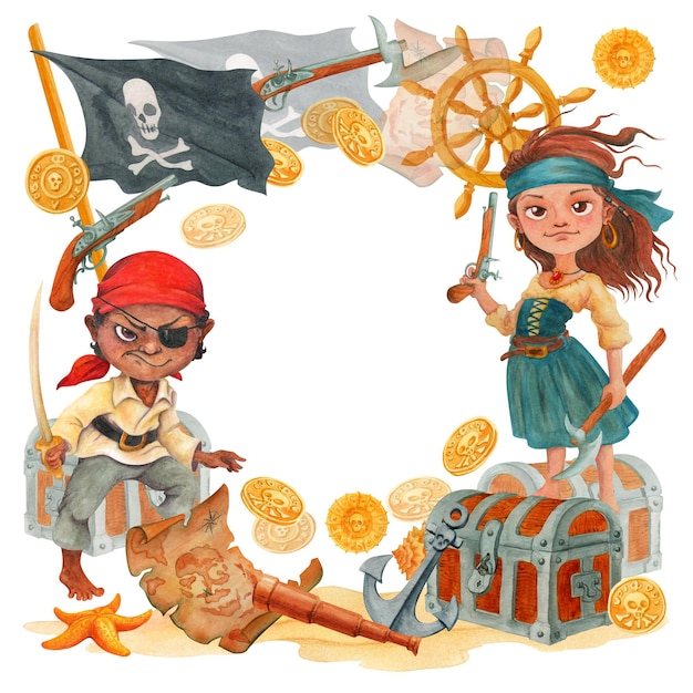 border or frame template with pirate attributes and teen corsair characters with space for text