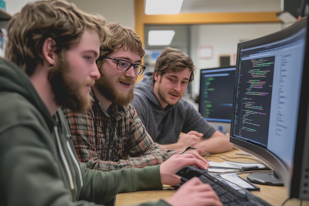 Brainstorming IT Programmers Use Computer Together Software Engineers Develop App Program