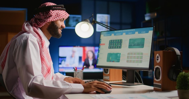 Broker in dark room looks at stocks