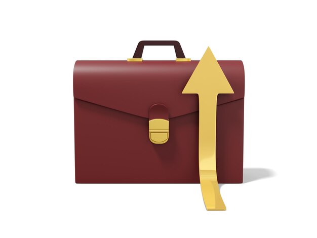 Brown briefcase with rising golden arrow on white background Front view Portfolio icon 3D rendering