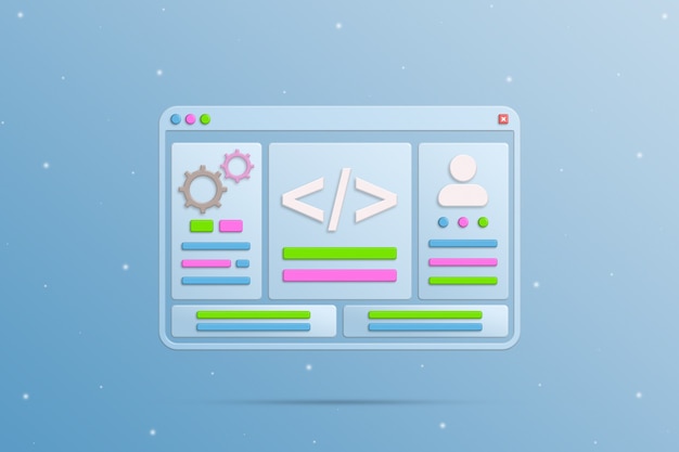 Browser window with programming icon elements 3d