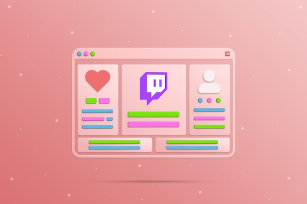 Browservindue med sociale elementer, twitch-netværk, brugersocial profil og aktivitet i 3D