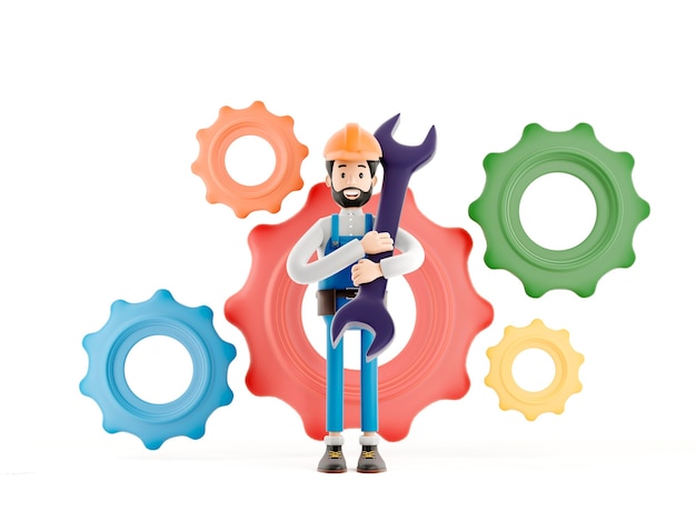 builder mechanic cartoon character, funny worker or engineer with gears and big wrench