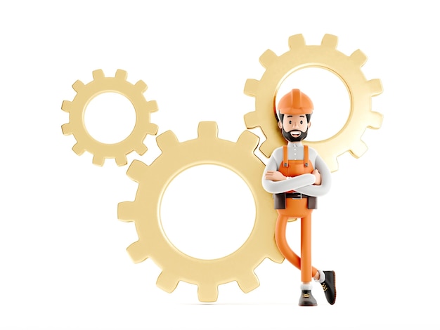 builder mechanic cartoon character, funny worker or engineer with gears on the back isolated icon