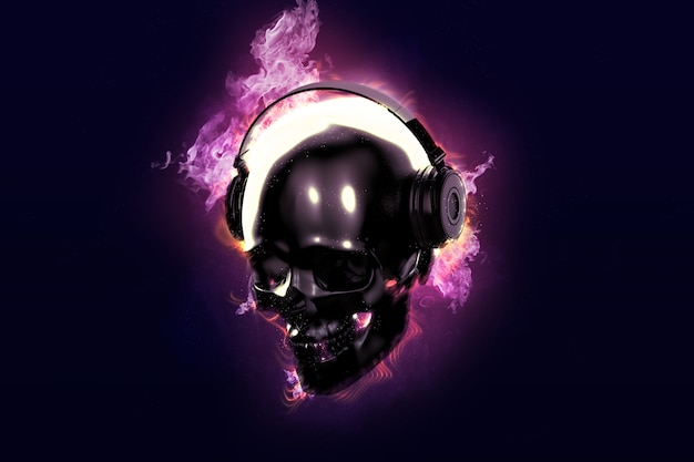 Burning skull with headphones