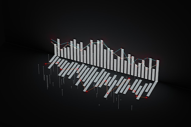 Business chart with line graph bar chart and numbers on dark background 3d rendering