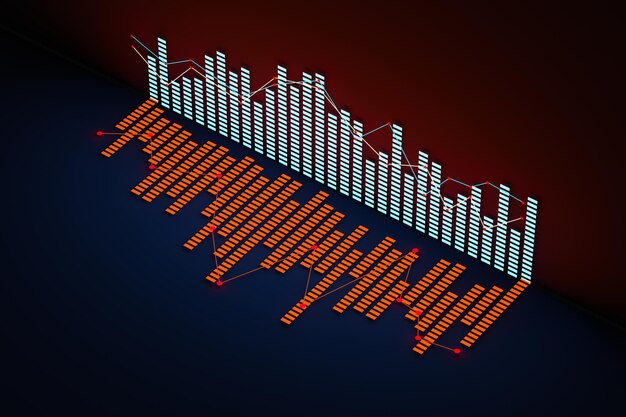 Business chart with line graph bar chart and numbers on dark background 3d rendering