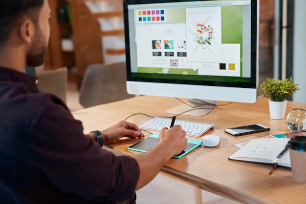 Business computer screen and man in creative agency graphic designer and research for project Person entrepreneur or artist with pc technology and innovation for editing planning or digital app