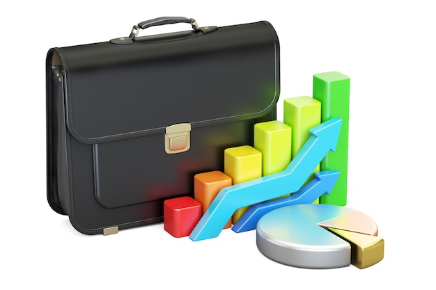 Business concept briefcase with pie chart and diagram 3D rendering