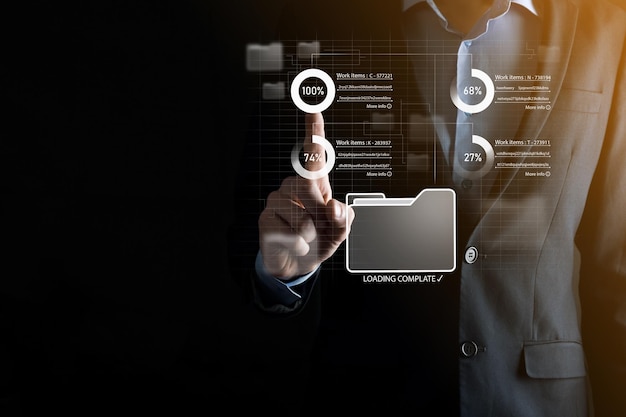 Business developer hand using board framework on virtual modern computer showing innovation Agile software development lean project management tool fast changes conceptDocument Management System DMS