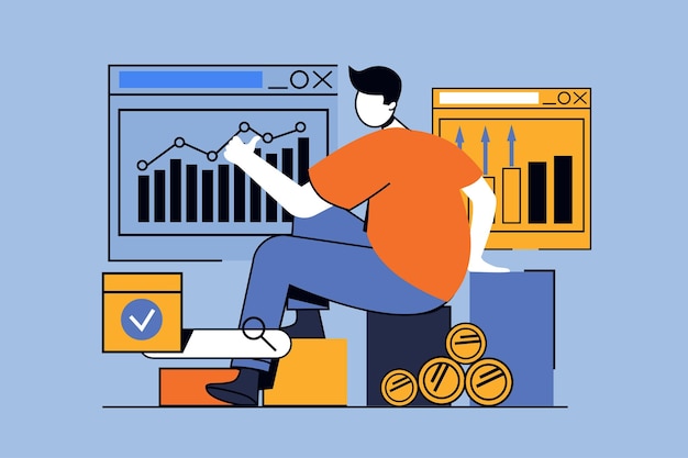 Business growth concept with people scene in flat design for web Man researching data graphs and financial report with progress Vector illustration for social media banner marketing material