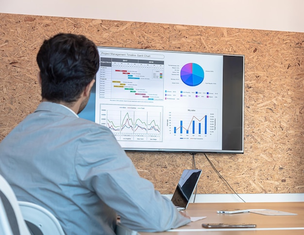 Business man look monitor graph and project plan sale and marketing
