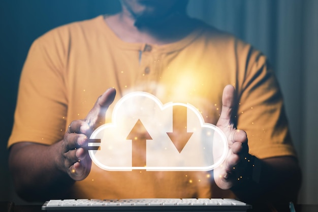 Business men display online business information in cloud data format to analyze business technology