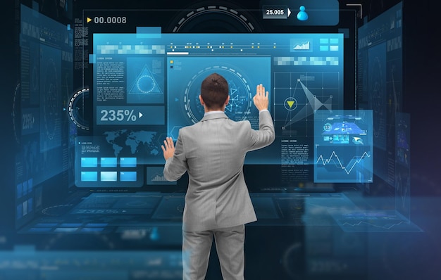 business, people, technology, cyberspace and future concept - businessman working with virtual screens