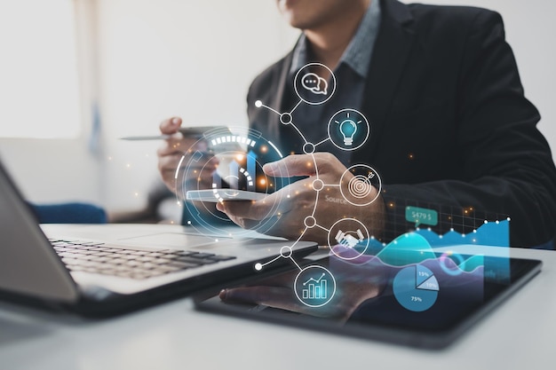 Business people using internet technology for global economic analysis Digital marketing concept