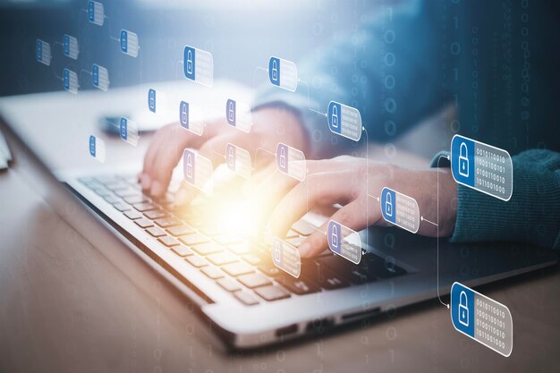 Business people working laptops with Blockchain financial technology network concept Digital money to bitcoin for online payments and money transactions Fintech concept with block cryptography