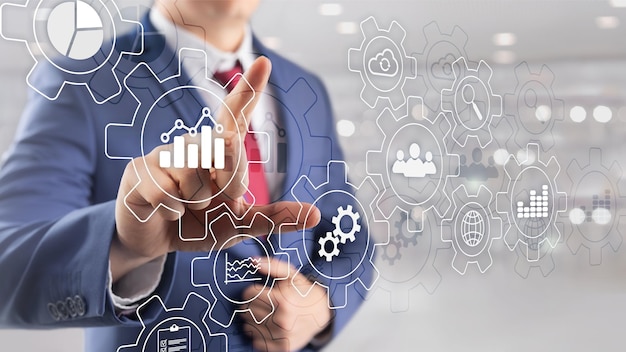 Business process abstract diagram with gears and icons Workflow and automation technology concept