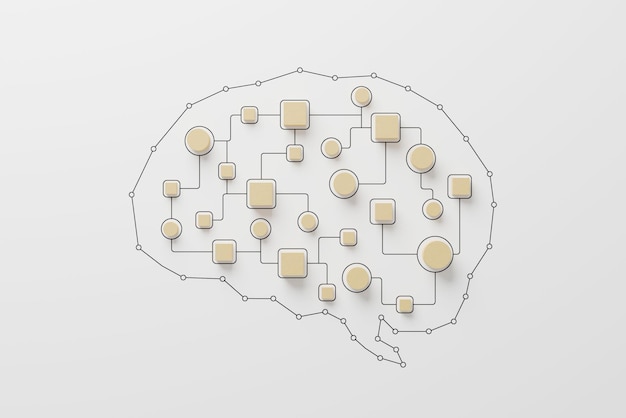 Business process and workflow automation with flowchart Wooden cube block arranging processing management in brain shape on white background