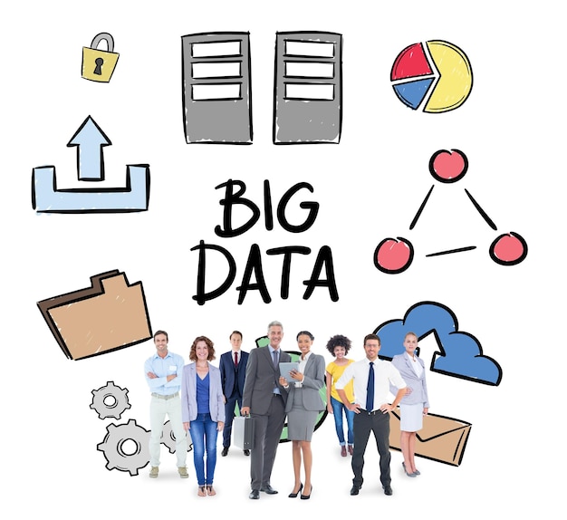 Business team against big data doodle