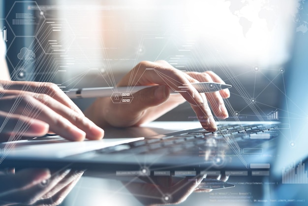 Business woman working on laptop at office with digital diagram personal data financial graph interfaces and internet network technology icons