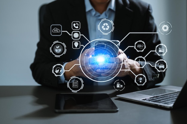 Business working with reduce CO2 concept with icons global warming such as reforest green factory recycle and zero carbon dioxide emission concept with VR icon at officexAxA