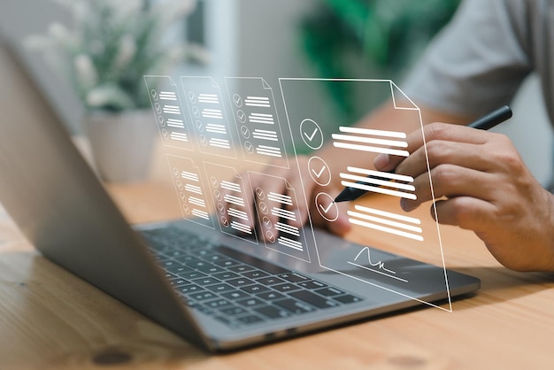 Businessman audits online docs with quality assessment management checklist Evaluates business docs analyzes market data reports consults for plan review