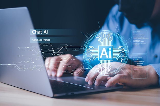 Businessman Chat with AI Artificial Intelligence man using technology smart robot AI artificial intelligence by enter command prompt for generates something Futuristic technology transformation