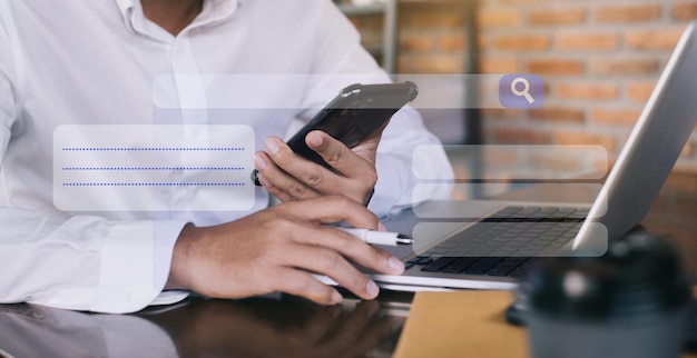 Businessman clicking internet search page on computer touch screen in office