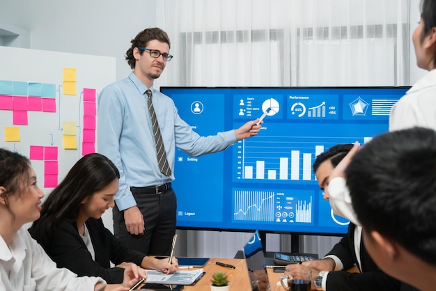 Businessman deliver business presentation with financial report data habiliment